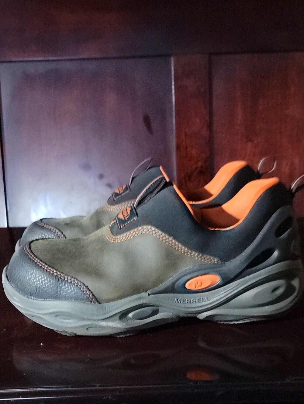 Merrell Olive Green Slip-On Safety Shoes with Orange Interior Accents